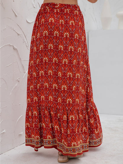 Boho Floral Print Tiered Buttoned Maxi Skirt Annva USA