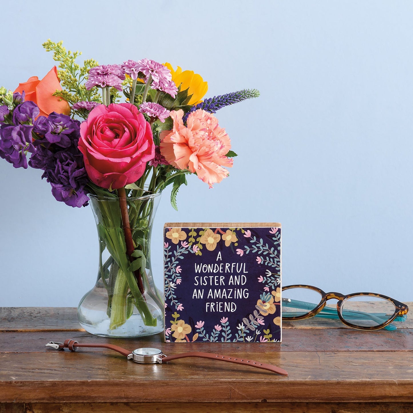 Wonderful Sister and Amazing Friend Block Sign | Square Wall Desk Art Display
