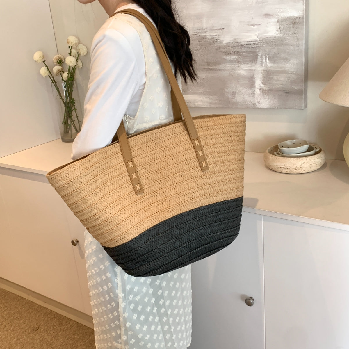 Colorblock Woven Straw Braided Large Tote Handbag