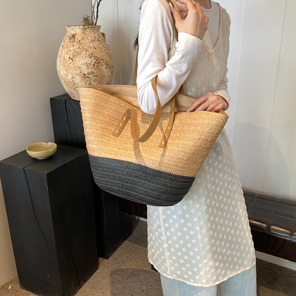 Colorblock Woven Straw Braided Large Tote Handbag