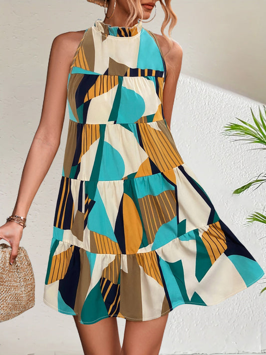 Abstract Printed Mock Neck Mini Dress Trendsi