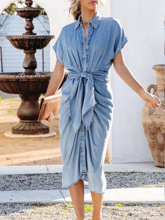 Collared Neck Tie Waist Short Sleeve Denim Dress Trendsi