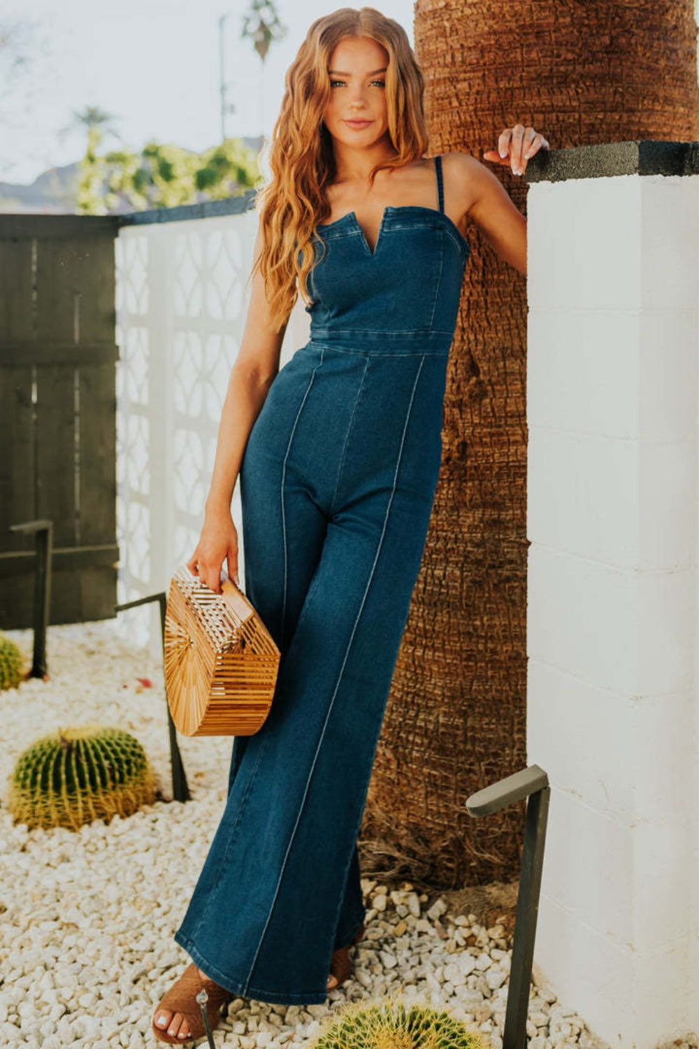 Spaghetti Strap Wide Leg Denim Jumpsuit Trendsi