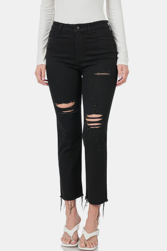 Zenana Distressed Raw Hem Cropped Black Jeans Trendsi