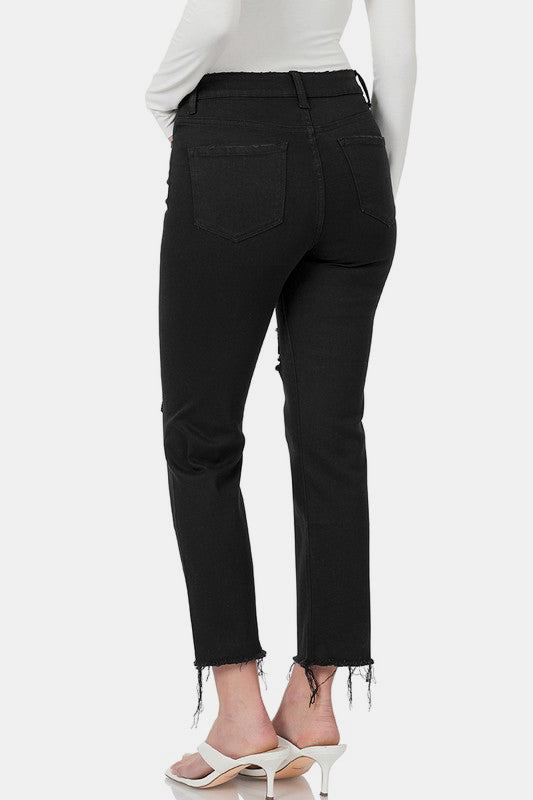 Zenana Distressed Raw Hem Cropped Black Jeans Trendsi
