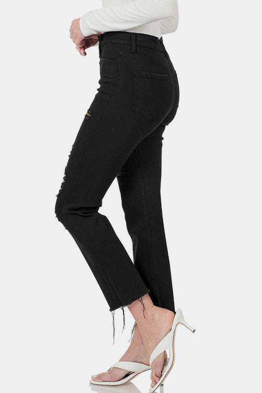 Zenana Distressed Raw Hem Cropped Black Jeans Trendsi