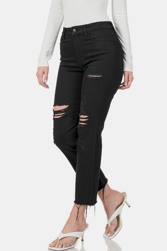 Zenana Distressed Raw Hem Cropped Black Jeans Trendsi