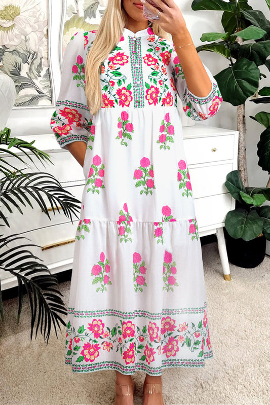 White Floral Print Half Button Mandarin Neck 3/4 Sleeve Maxi Dress  DAME BOHEME