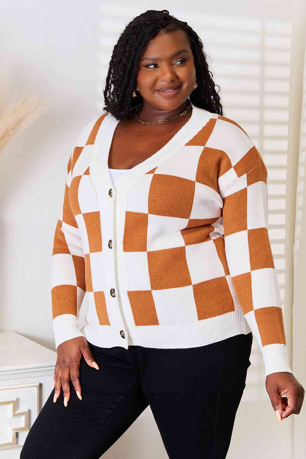 Double Take Button-Up V-Neck Dropped Shoulder Cardigan  DAME BOHEME