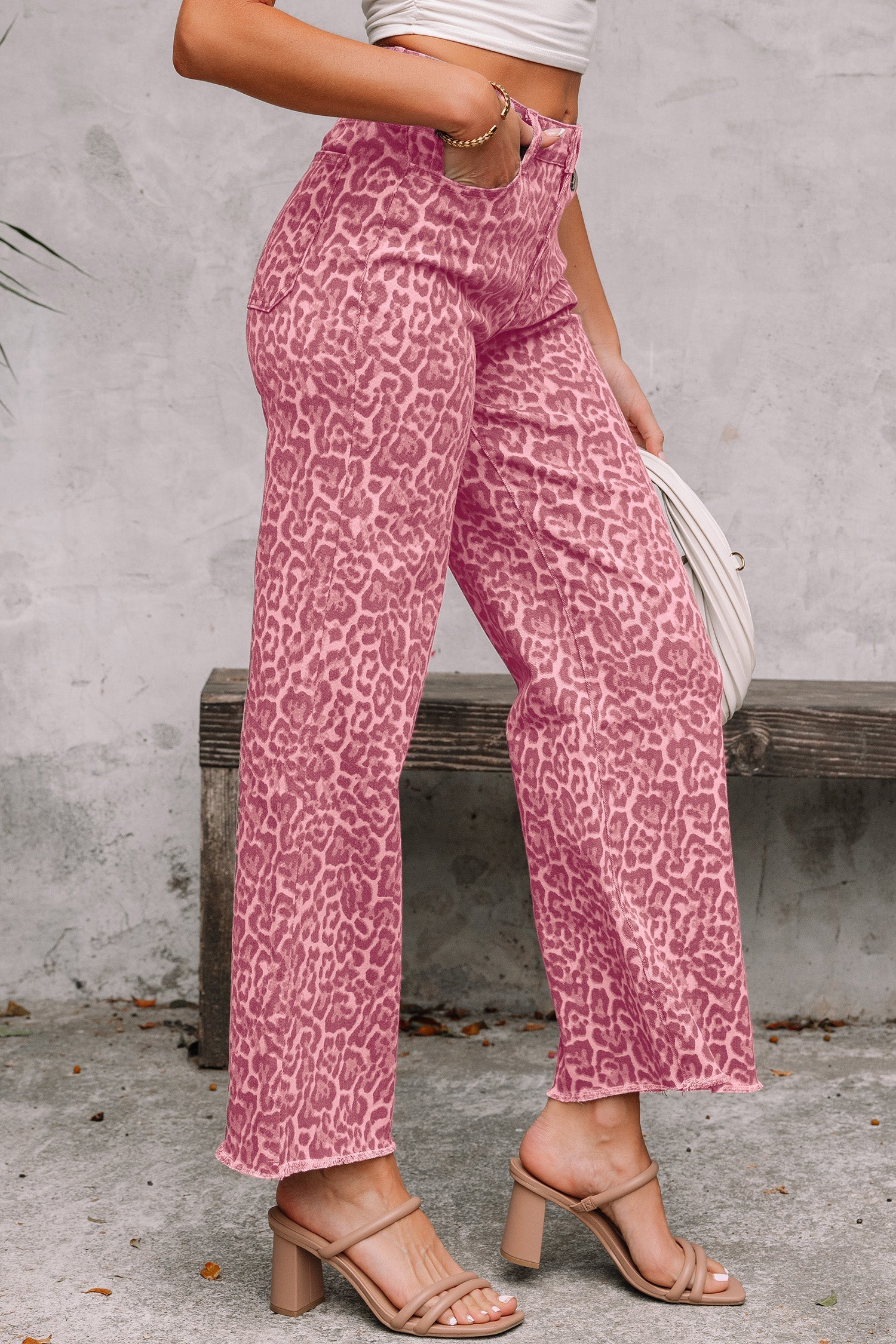 Gray Leopard Frayed Edge Wide Leg High Waist Jeans  DAME BOHEME