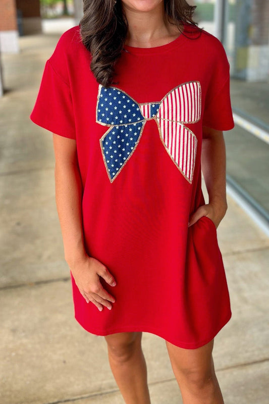 Stars and Stripes Bow Patched T Shirt Mini Dress  DAME BOHEME