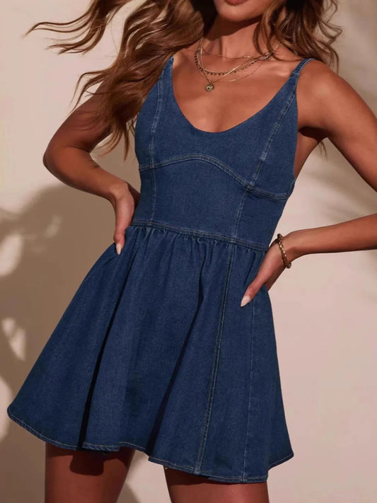 Smocked Back Adjustable Strap Denim Mini Dress Trendsi