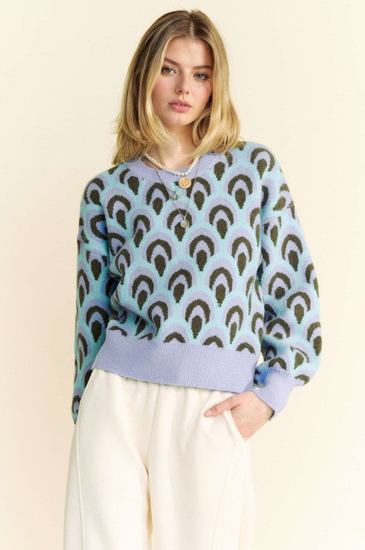 Scale Jacquard Round Neck Drop Shoulder Sweater Trendsi