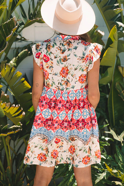 Floral Mixed Pattern Buttoned Dress