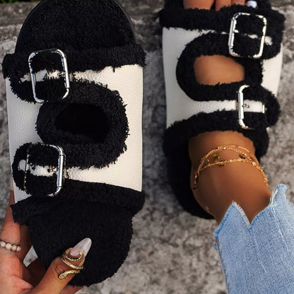 Buckle Decor Plush Lined Platform Slippers  DAME BOHEME