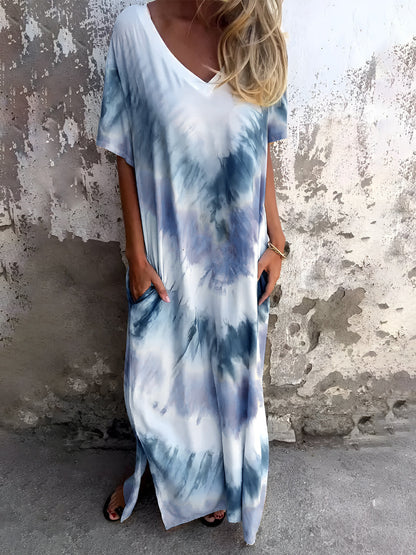 Full Size Pocketed Tie-Dye Short Sleeve Maxi Dress Trendsi