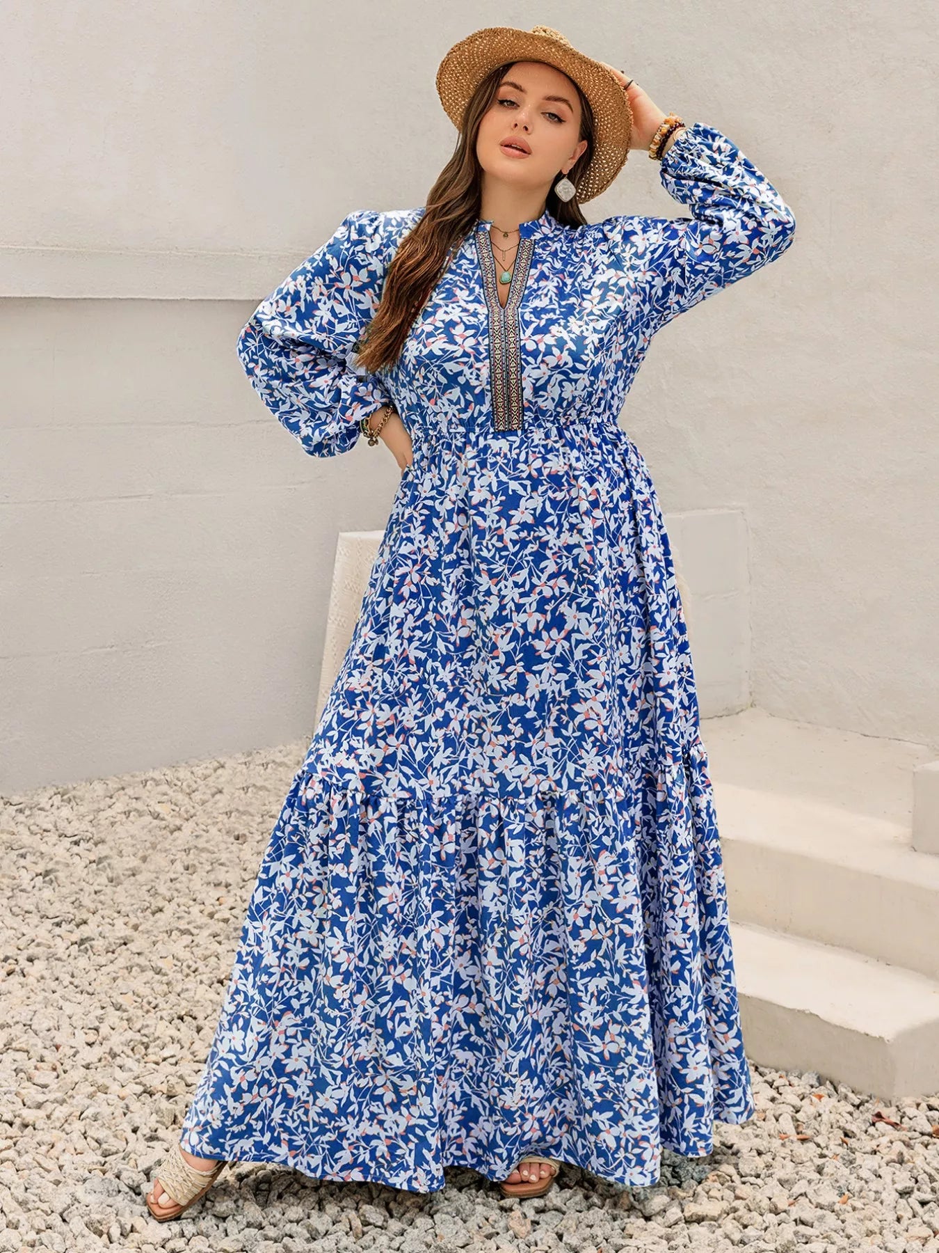 Plus Size Floral Print Bohemian Maxi Dress  DAME BOHEME
