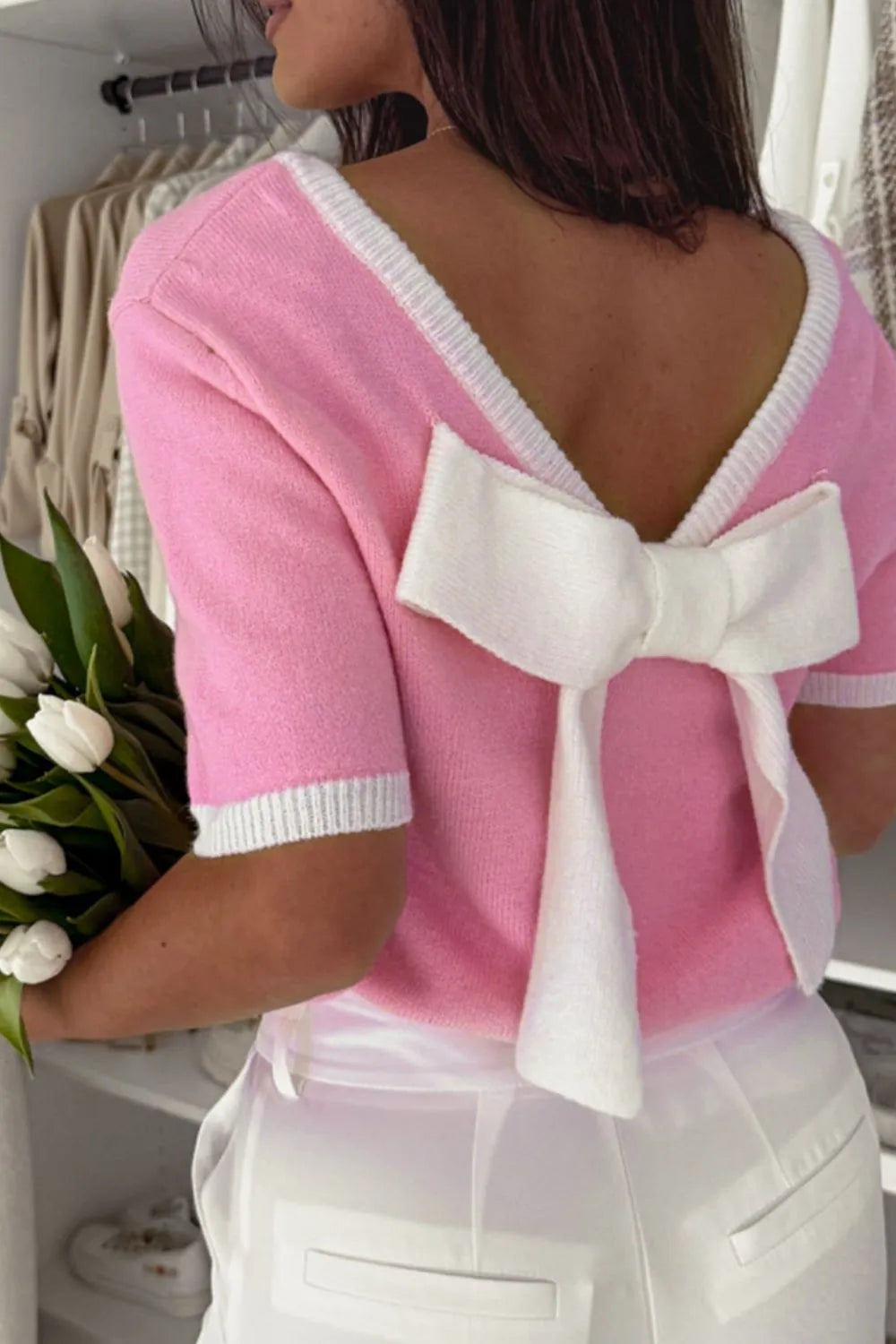 Bow Back Round Neck Short Sleeve Knit Top  DAME BOHEME