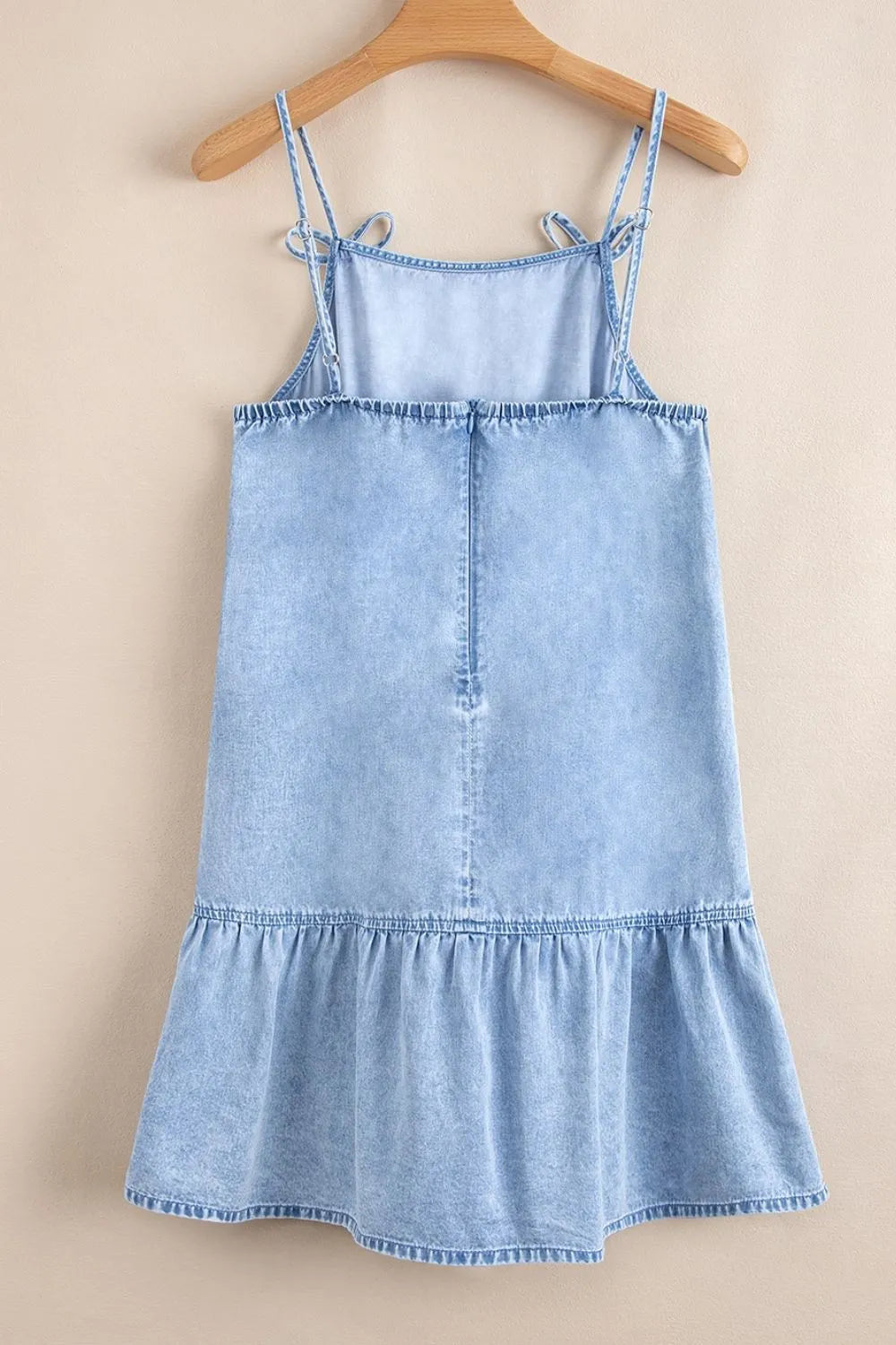 Bow Detail Spaghetti Straps Ruffle Hem Denim Dress Simply Love