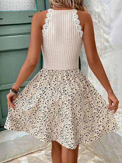 Ribbed Lace Detail Printed Sleeveless Mini Dress Trendsi