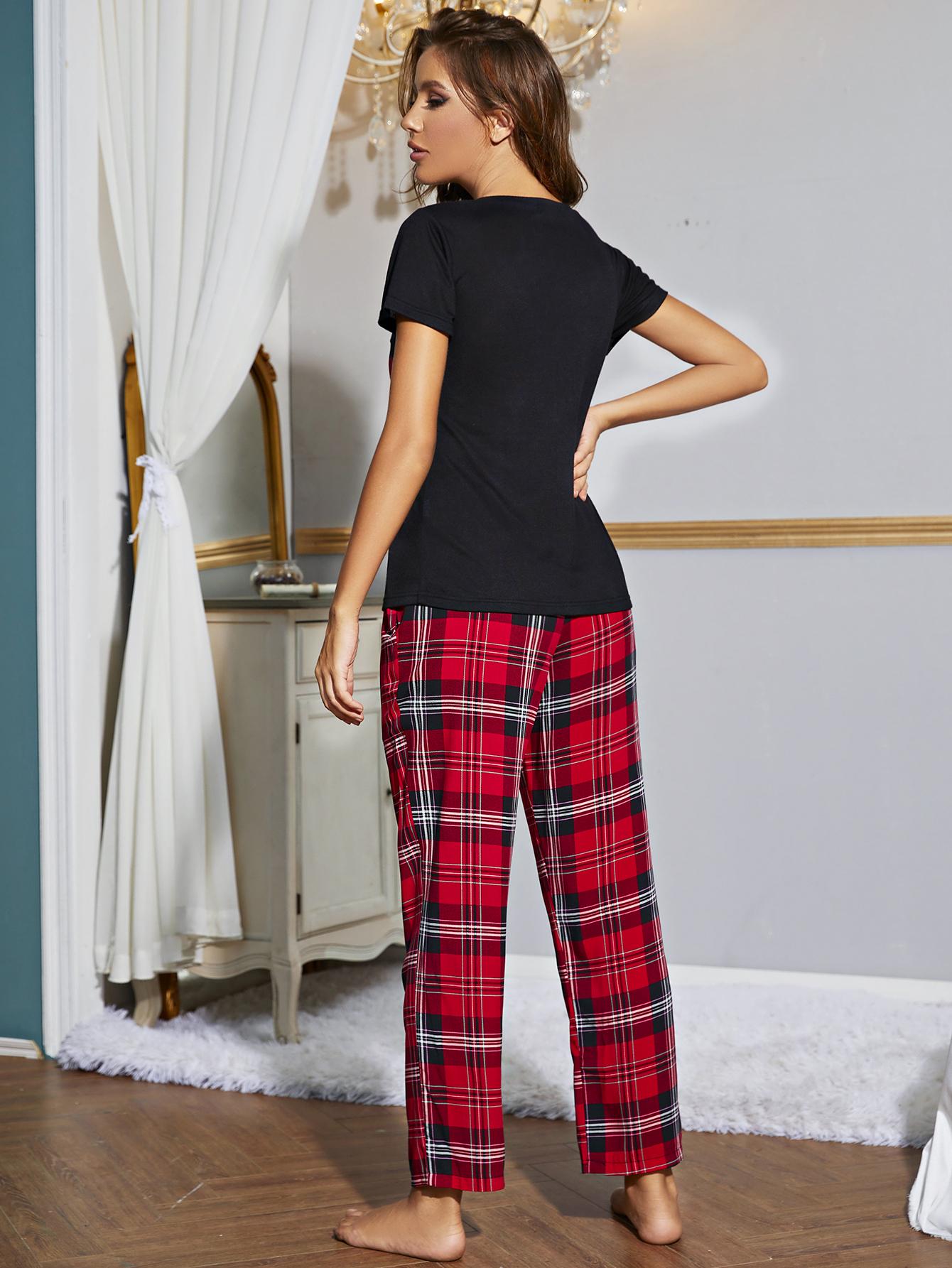 Heart Graphic V-Neck Top and Plaid Pants Lounge Set  DAME BOHEME