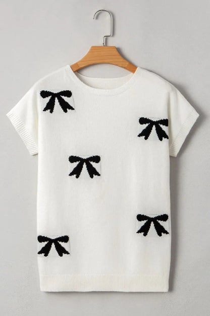 Bow Pattern Knit Short Sleeve Sweater  DAME BOHEME