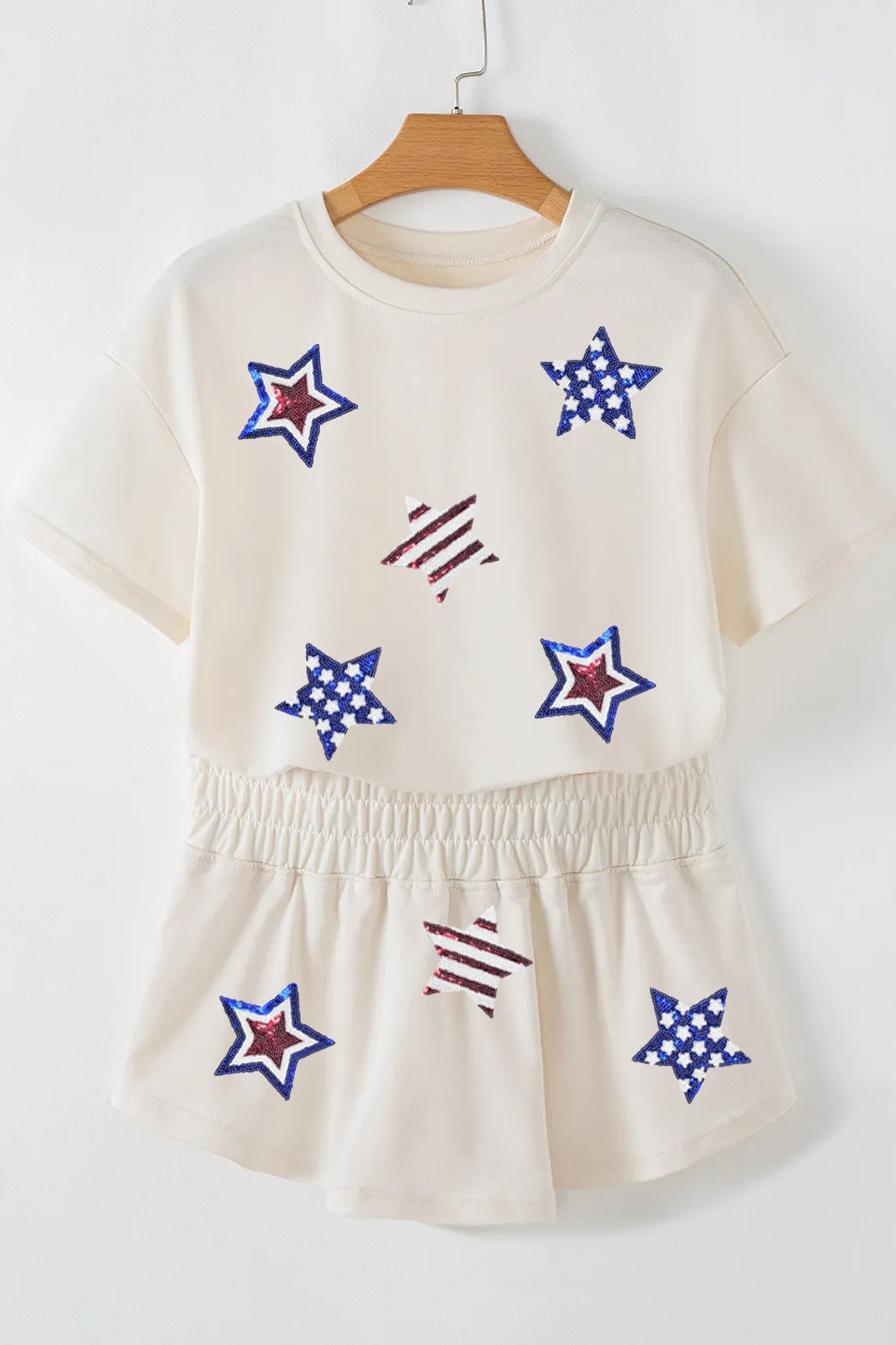 Beige Sequin Patriotic Star Cropped Tee Skort 2pcs Set  DAME BOHEME