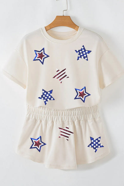 Beige Sequin Patriotic Star Cropped Tee Skort 2pcs Set  DAME BOHEME