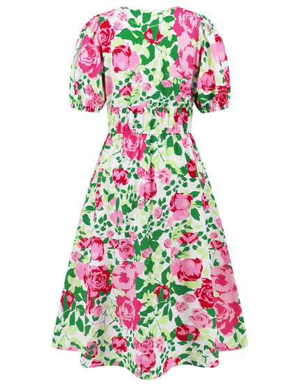 Ruched Roses Surplice Short Sleeve Dress Trendsi