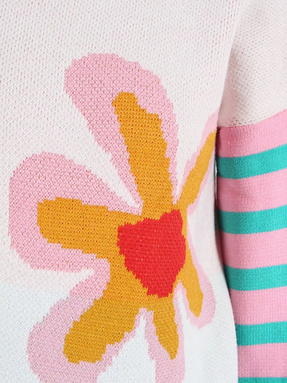 Retro Floral Striped Sleeves Crew Neck Sweater  DAME BOHEME