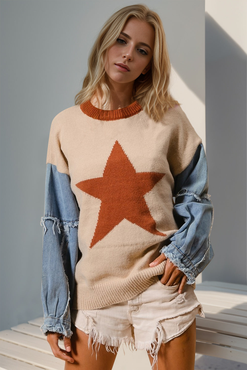 Double Take Full Size Star Pattern Raw Edge Long Sleeve Sweater  DAME BOHEME