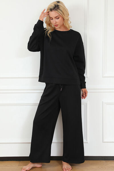 Double Take Full Size Textured Long Sleeve Top and Drawstring Pants Set  DAME BOHEME