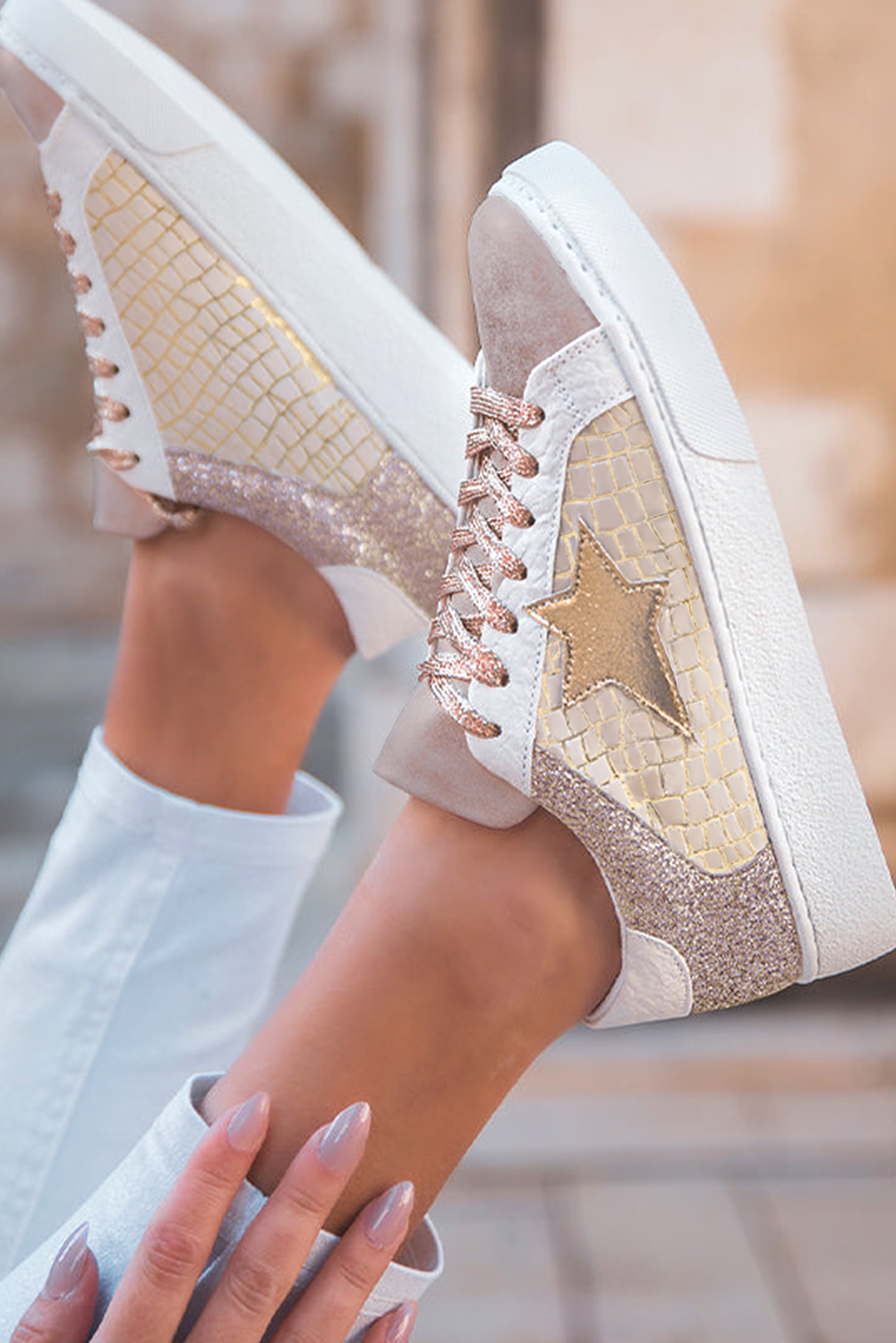 Clare Gold Glitter Star Lace-up Sneakers  DAME BOHEME