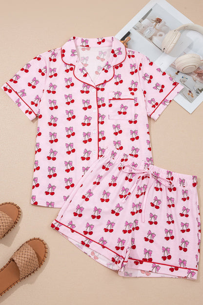 Pink Cherry/Bow Print Short Pajama Set  DAME BOHEME