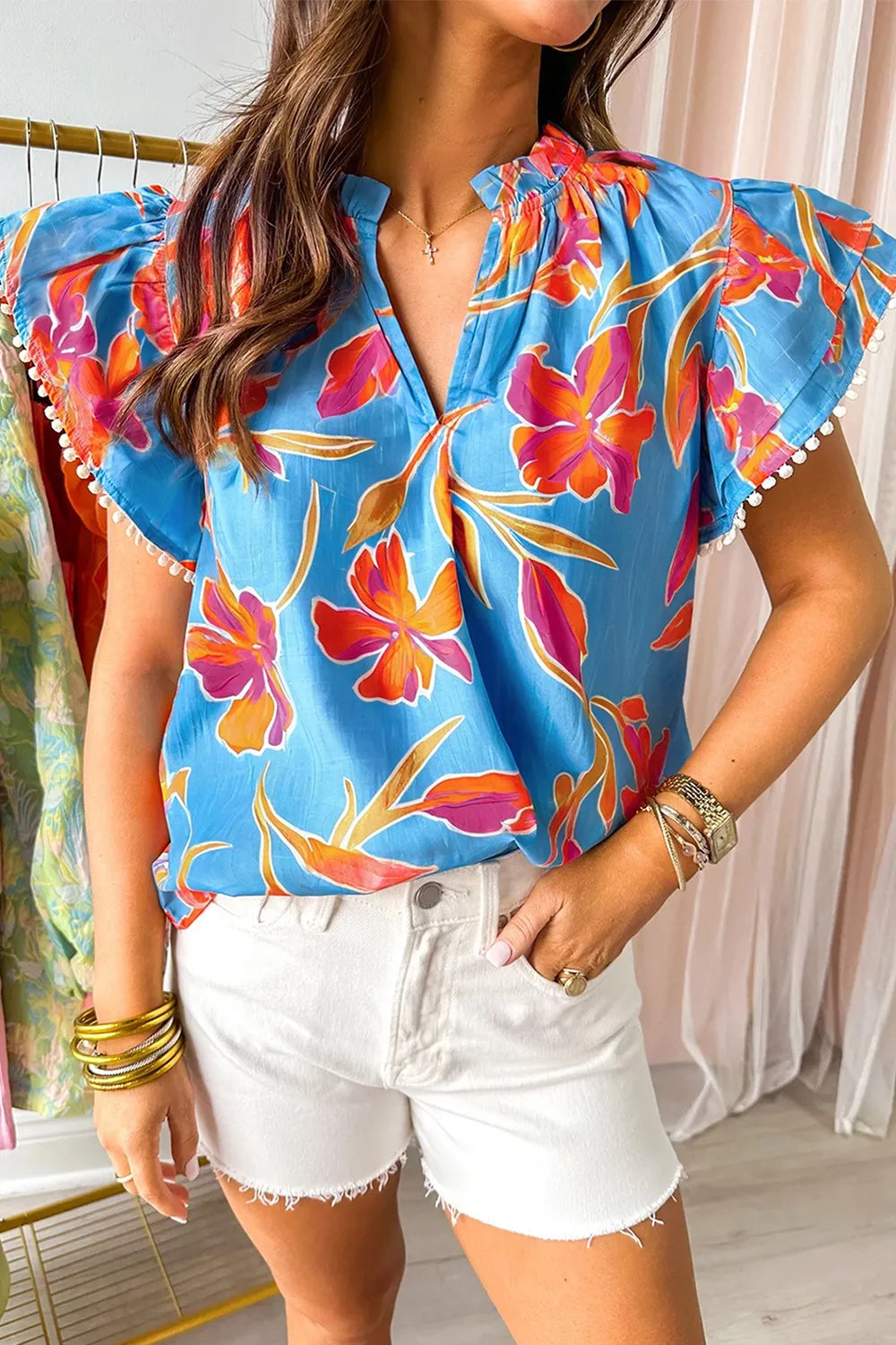 Floral Print Notched Pompom Trim Flutter Sleeve Blouse  DAME BOHEME