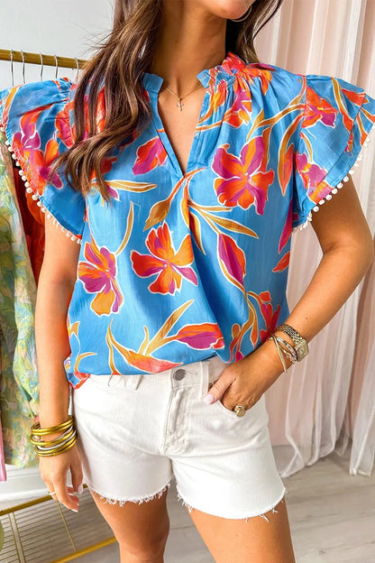 Floral Print Notched Pompom Trim Flutter Sleeve Blouse  DAME BOHEME