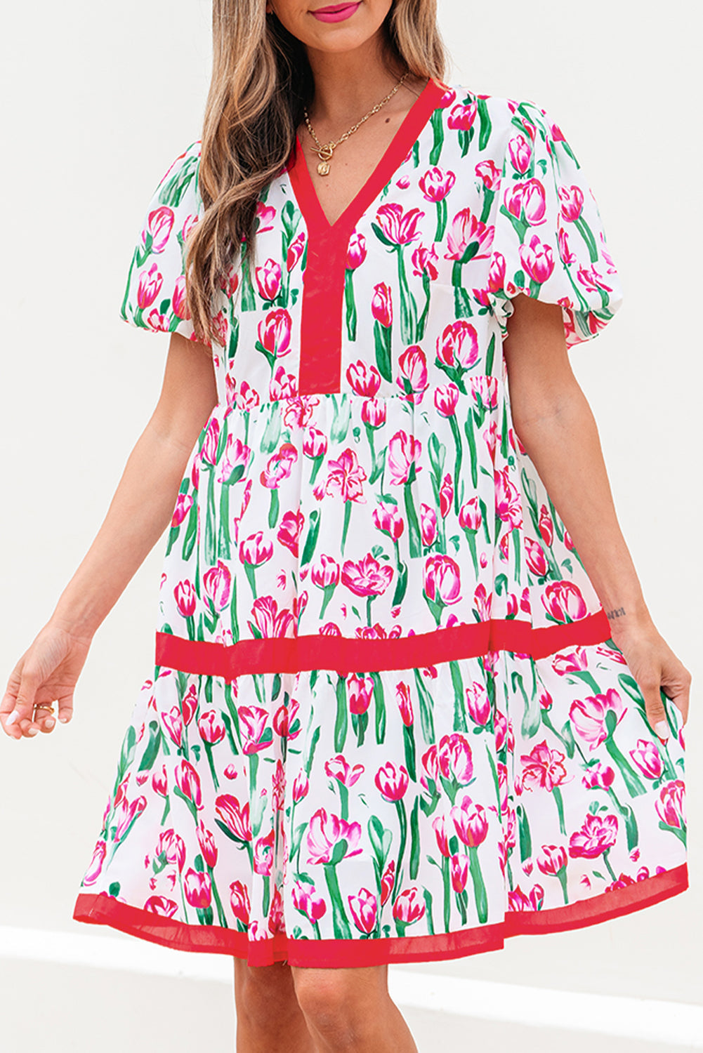 Pink Floral Print Contrast Trim V Neck Bubble Short Sleeve Babydoll Dress  DAME BOHEME