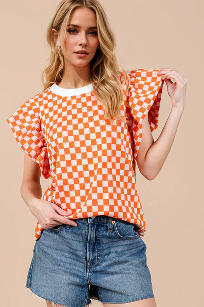 Oh Checkered Round Neck Puff Sleeve Blouse  DAME BOHEME