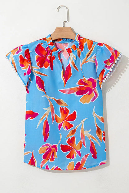 Floral Print Notched Pompom Trim Flutter Sleeve Blouse  DAME BOHEME