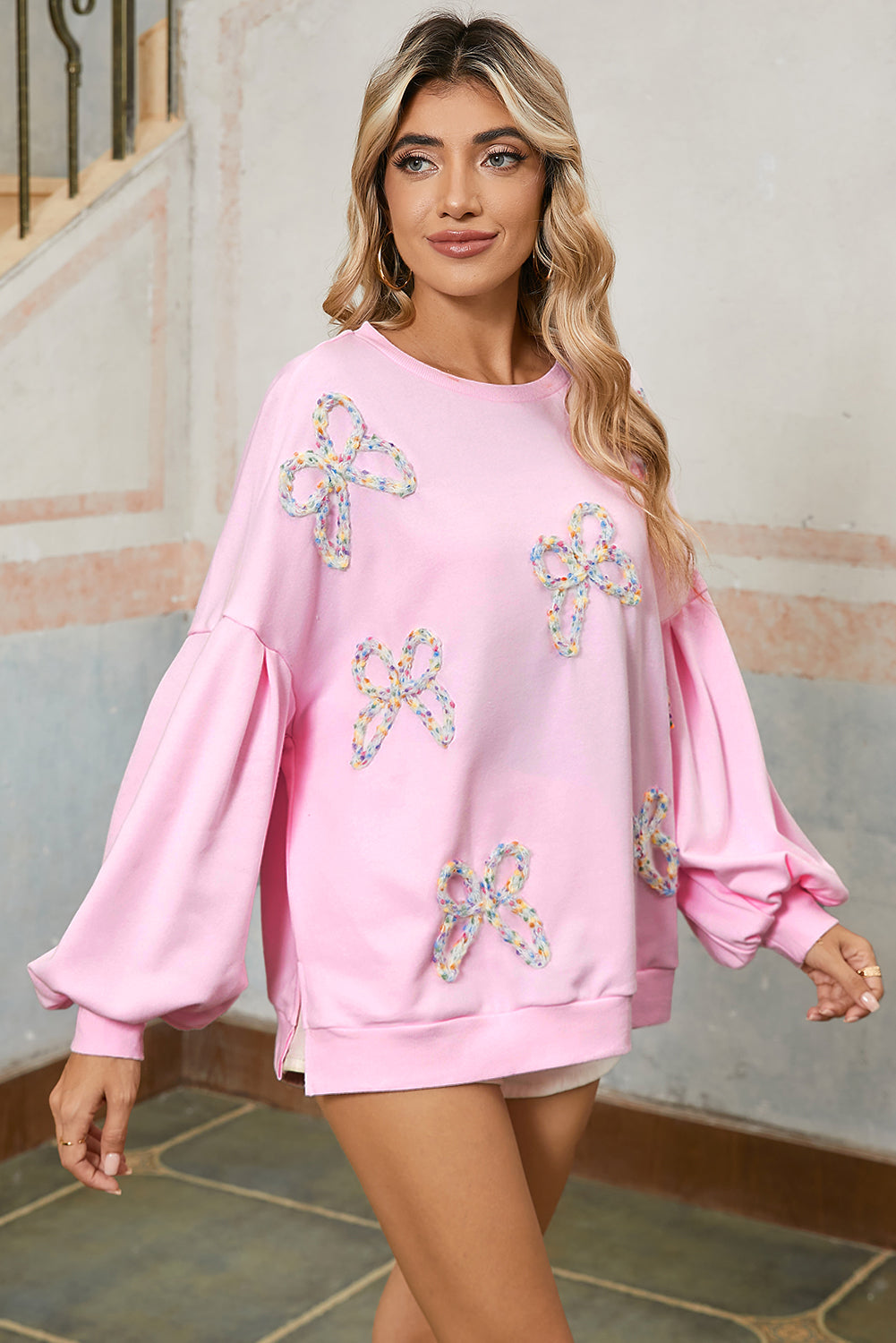Light Pink Sweet Bow Lantern Sleeve Oversized Pullover Sweatshirt  DAME BOHEME