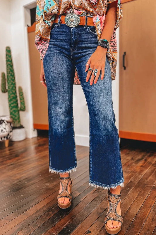 Mineral Wash Raw Hem High Waist Flared Jeans  DAME BOHEME