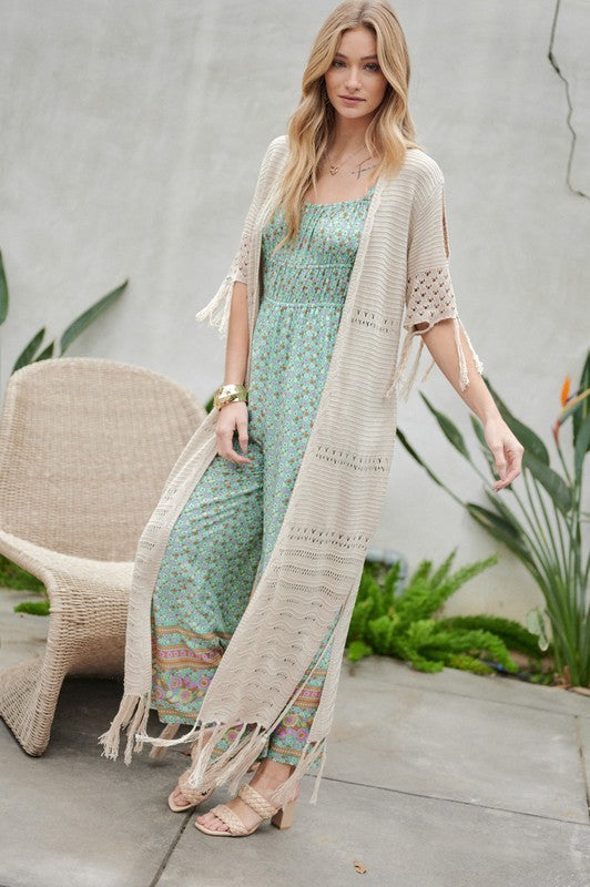 Solid Long Cardigan with Fringe Trimming