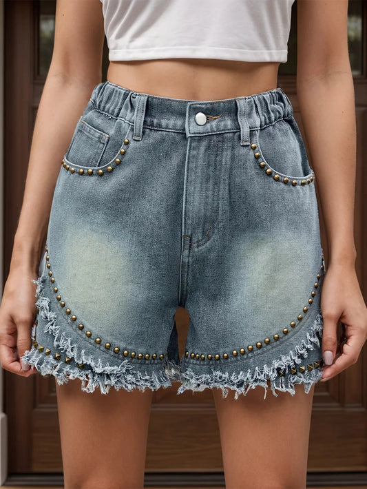 Raw Hem Studded Denim Shorts Plus Size Trendsi