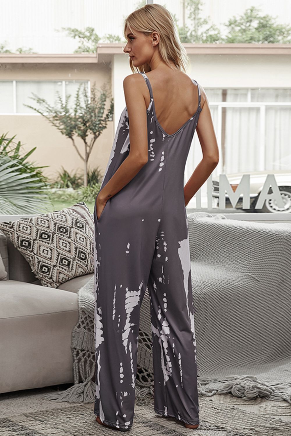 Shiny Tie-Dye Spaghetti Strap Jumpsuit with Pockets Trendsi