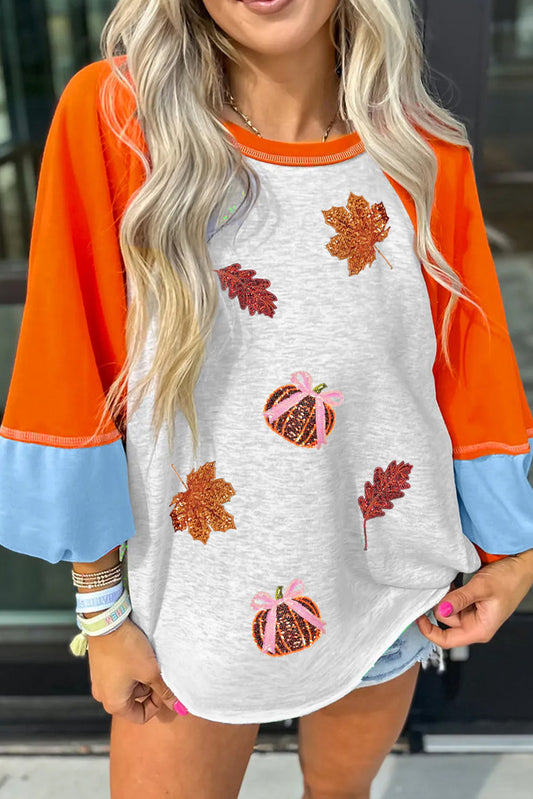 Light Grey Sequin Pumpkin Fall Elements Patched Patchwork Long Sleeve Top  DAME BOHEME