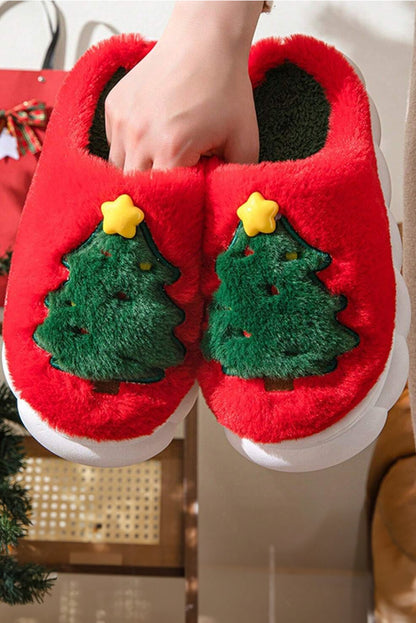 Fiery Red Christmas Tree Graphic Plush Slippers  DAME BOHEME