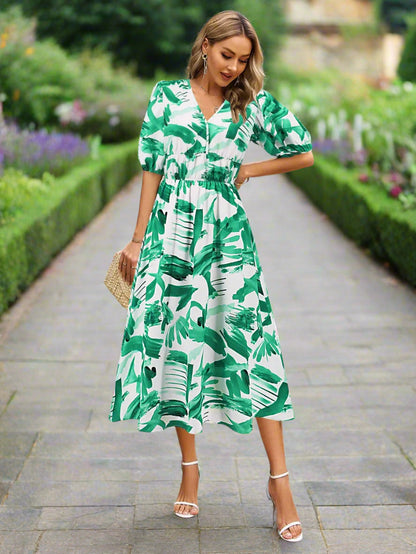 Ruched Roses Surplice Short Sleeve Dress Trendsi