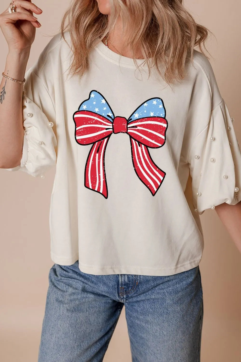 Bowknot Graphic Pearl Puff Half Sleeve T Shirt  DAME BOHEME