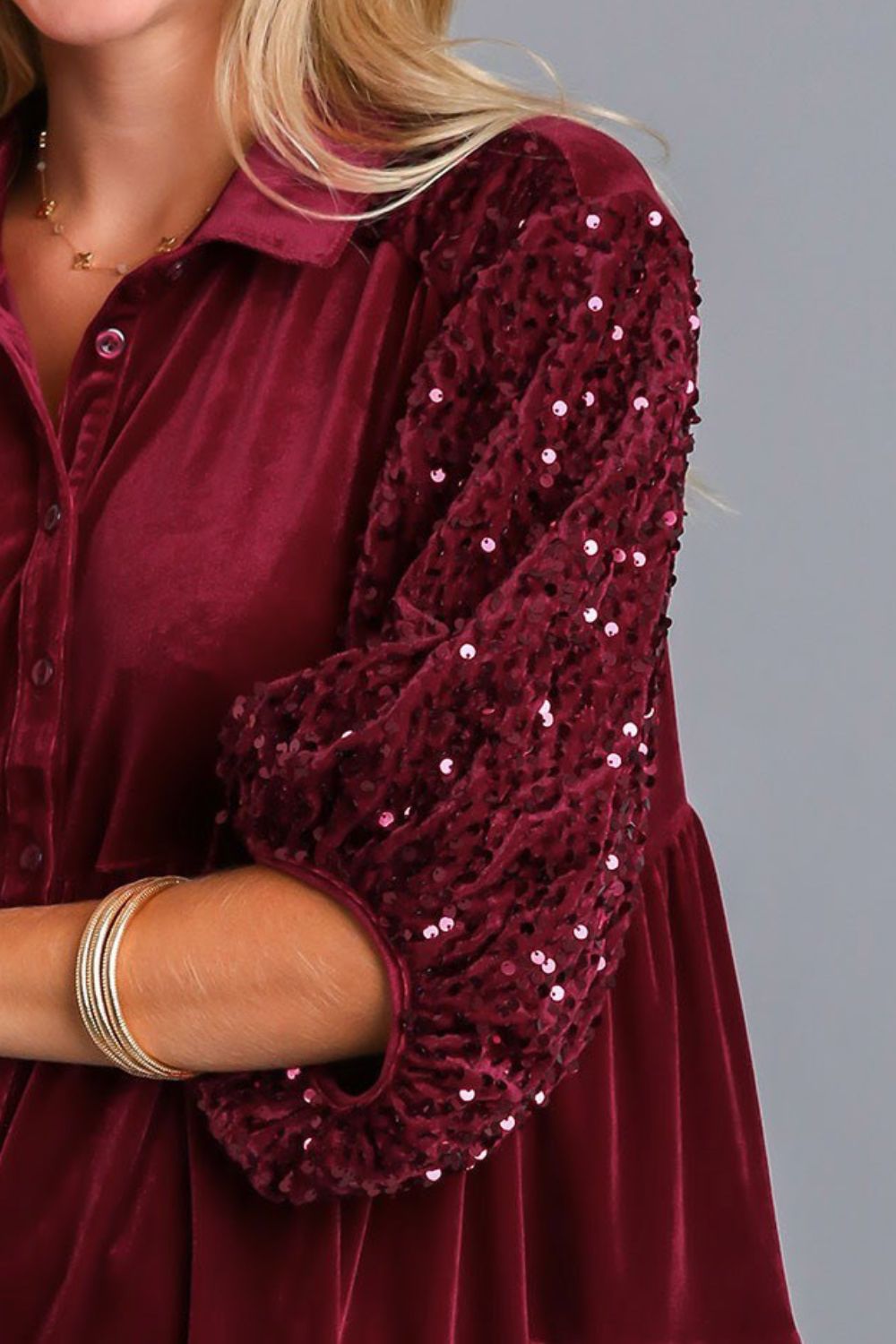 Umgee Sequin Detail Tiered Back Half Sleeve Shirt Trendsi