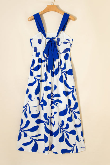 Blue Floral Print Crisscross Tie Back Sleeveless Long Dress  DAME BOHEME